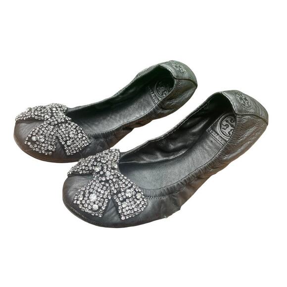 Tory Burch Eddie Black Jeweled-Bow Ballet Flats - Size 8 1/2 - Picture 12 of 16